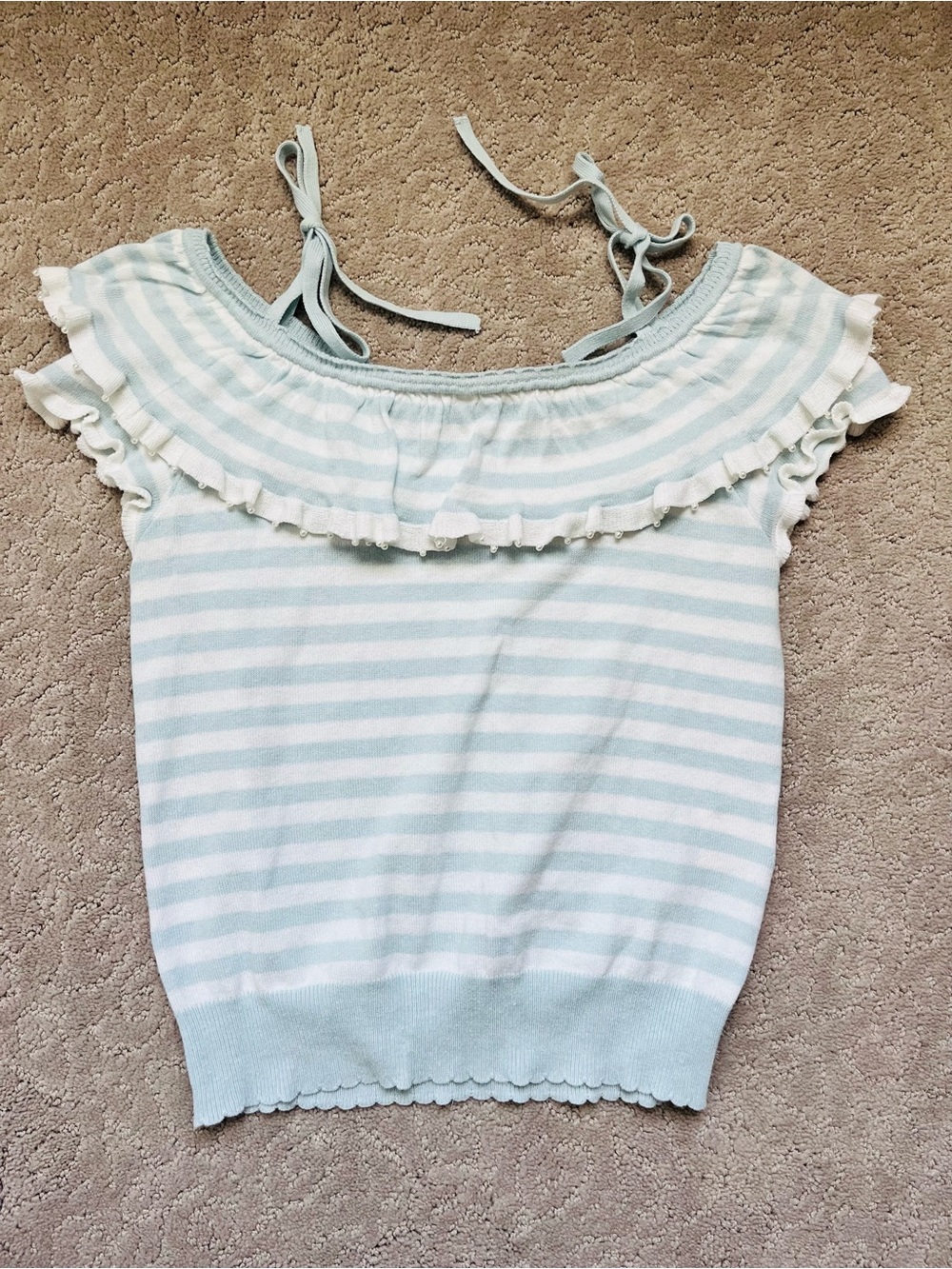 Striped Ruffle Off-Shoulder Tie-Strap Top — Light Blue/White